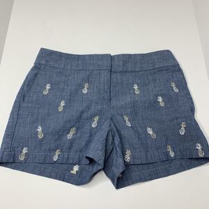 Ann Taylor Loft Shorts Riveria Blue Flat Front Embroidered Pineapples Womens 4